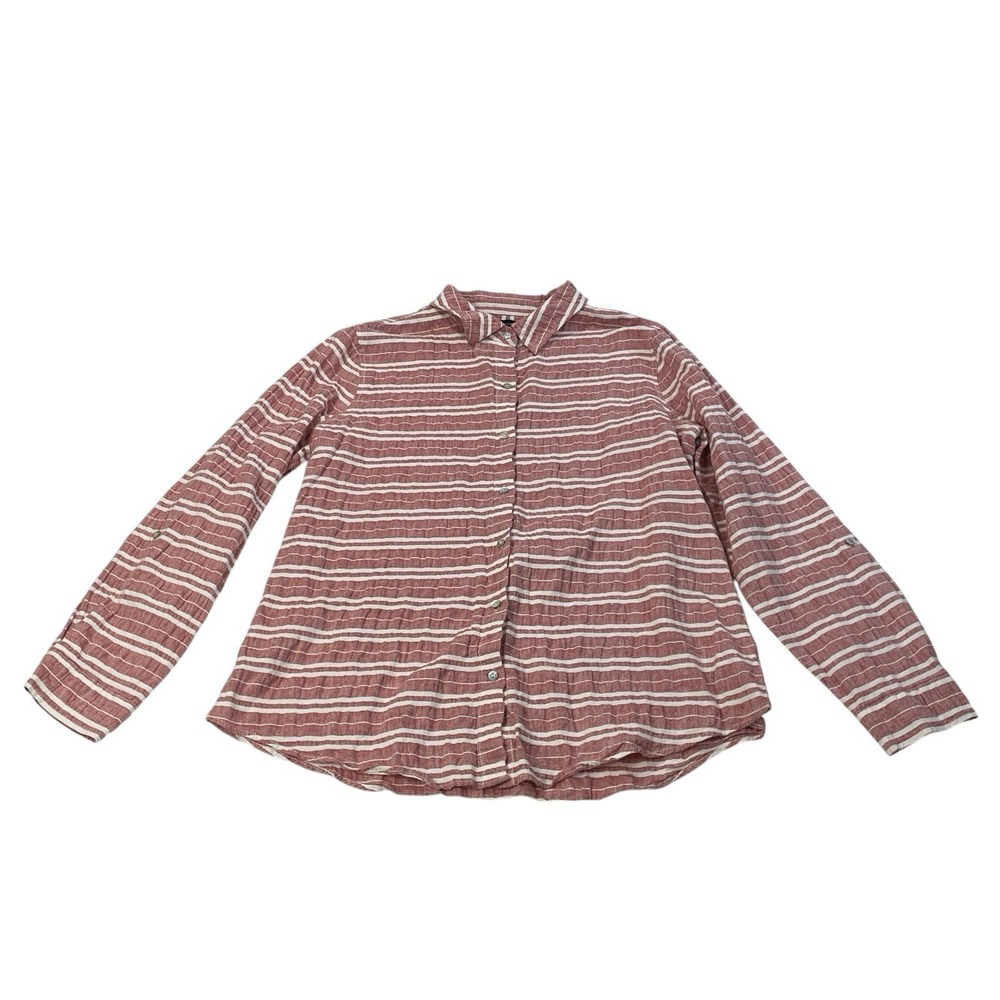Jones New York Shirt Womens L Linen Blend Button Down Roll Tab Sleeves Nautical